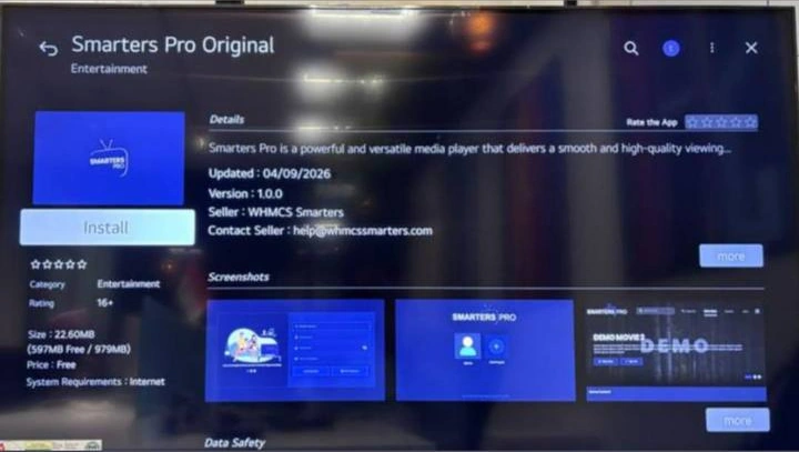 LG TV app store listing for Smarters Pro Original, seller WHMCS Smarters