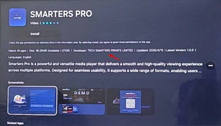 Samsung TV app store listing for Smarters Pro, developer TECH SMARTERS PRIVATE LIMITED