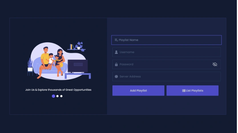 Smarters Pro Samsung and LG login form: Playlist Name, Username, Password, Server Address and Add Playlist